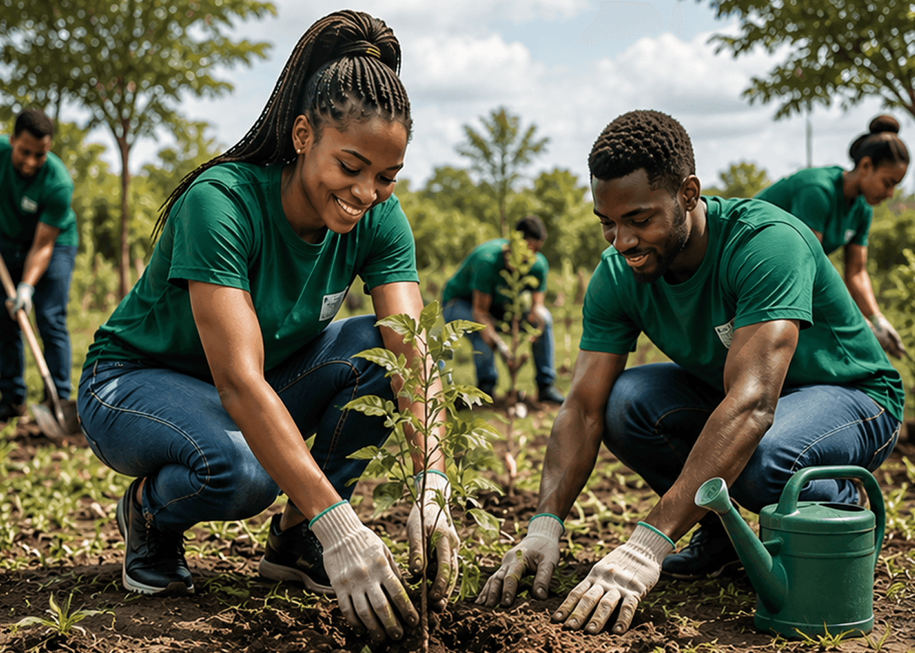 Two volunteers in green shirts planting a sapling together at a community reforestation site