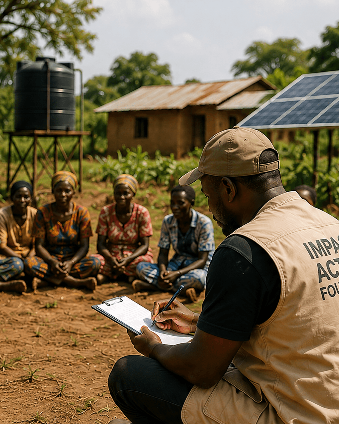 A field officer taking notes during a community meeting, beside a solar array and raised water tank