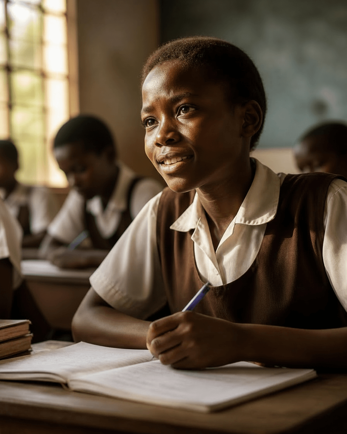 A secondary-school student writing at her desk during a lesson