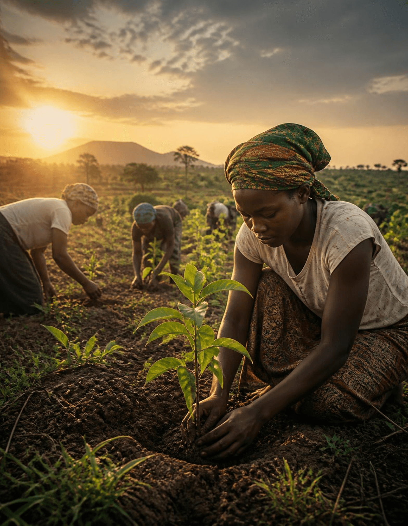 A woman planting a seedling at a community-managed tree nursery at sunset