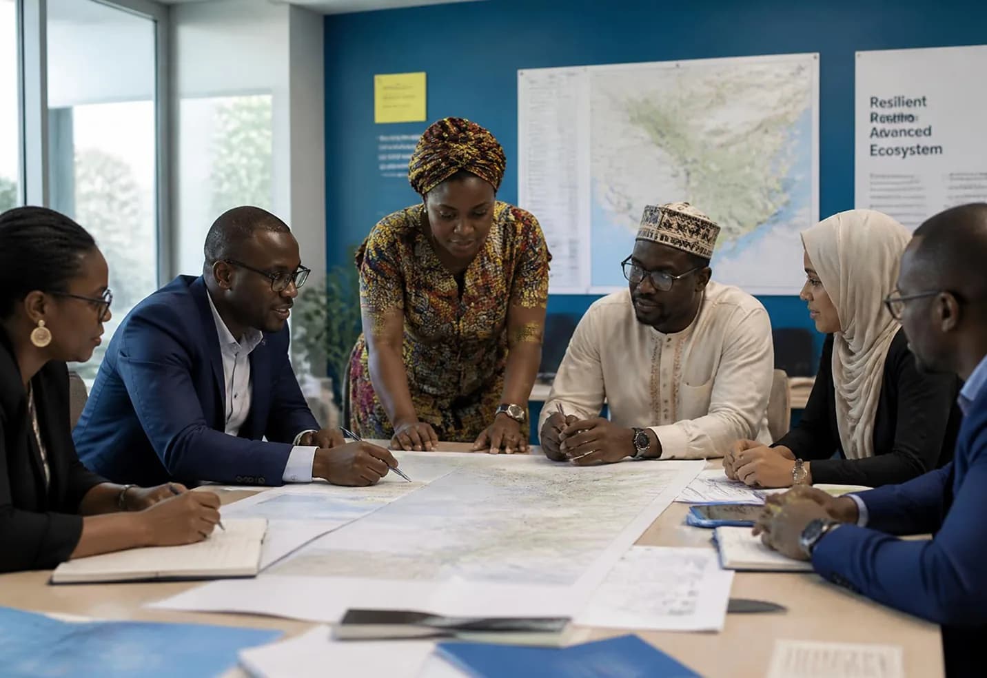 Partners reviewing a programme map together around a table